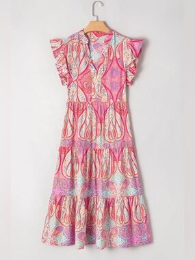 Tribal Paisley Print Ruffled Sleeve Notch Neck Midi Dress- Charming Charlie Med